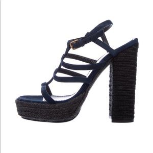YSL | Navy Blue Suede Chunky Jute Heels | 38
